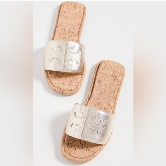 Tory Burch Double T Sport Slide Sandal Spark Gold Leather Cork Size 7 - Picture 1 of 13
